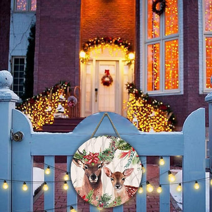 Deer Xmas Door Hanger Holly Tree Flowers Sign for Front Door Winter Deer Floral Hanging Porch Christma Decorations for Outdoor