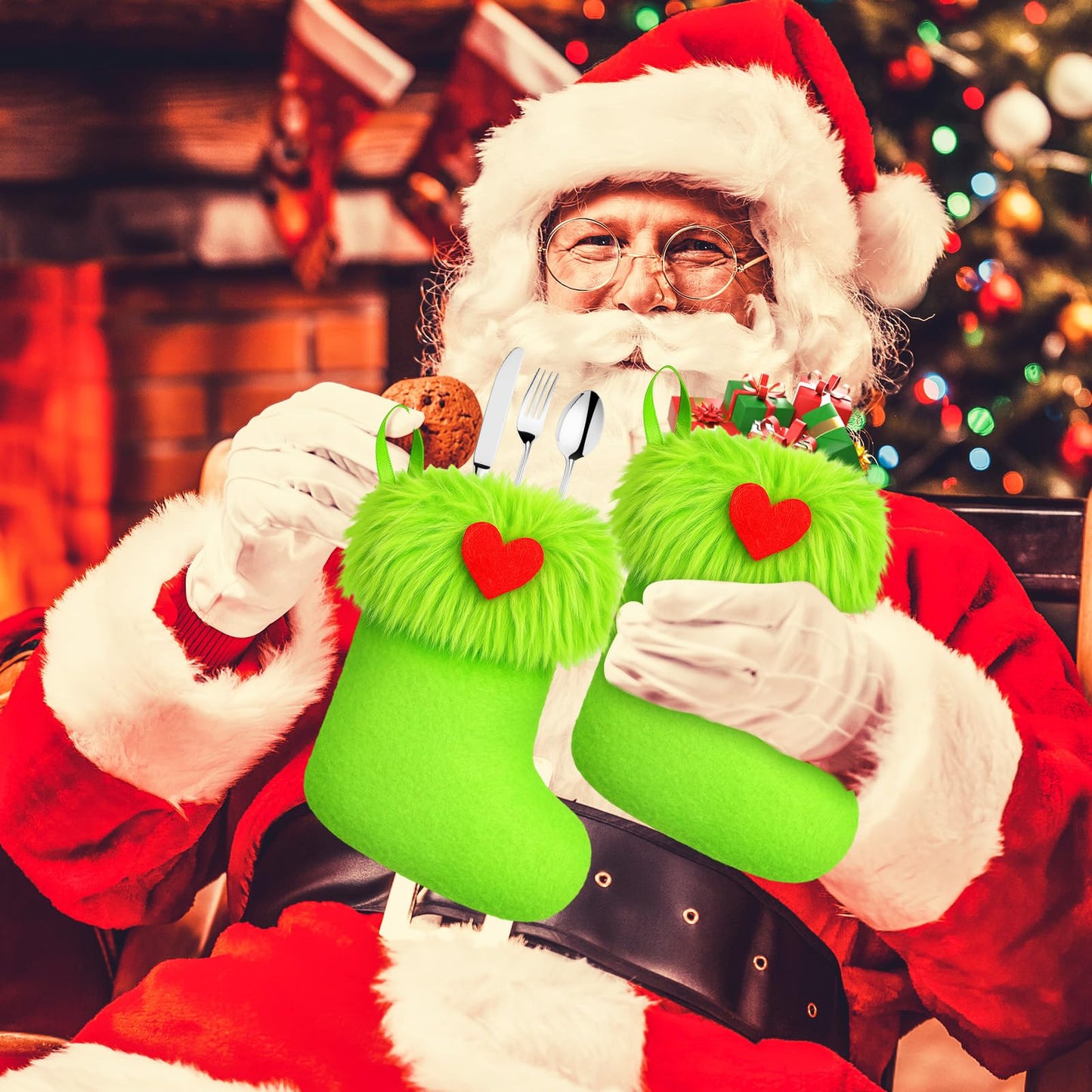 Realspring 24pcs Mini Christmas Stockings 6 Inch Green Faux Fur Xmas Stockings Mini Gift Small Fireplace Hanging Holiday Decorations Xmas Present for Christmas Family Party Tree Fireplace
