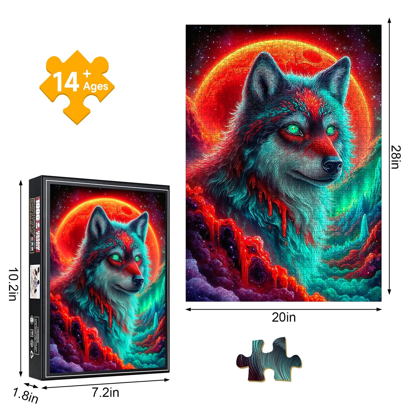 1000 Piece Jigsaw Puzzle, Psychedelic Neon Wolf with Green Eyes