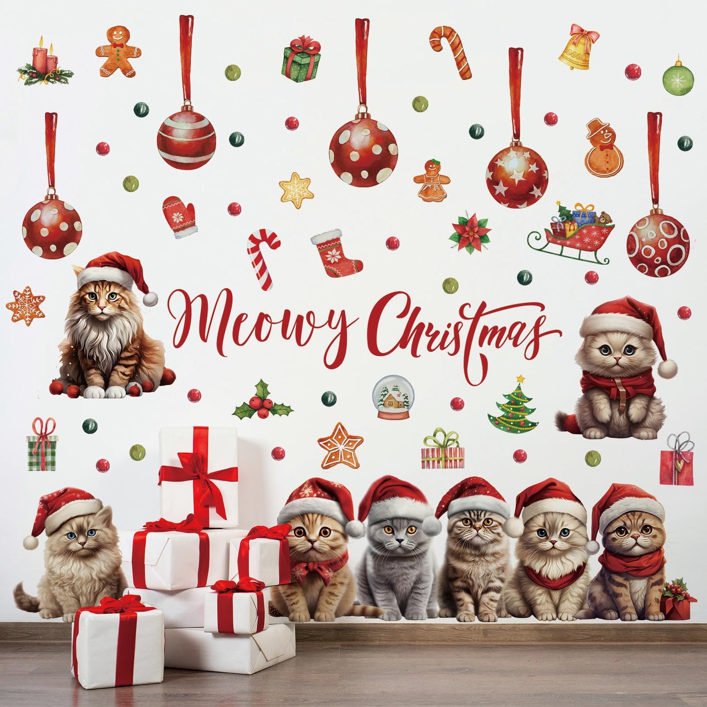 Christmas Cat Wall Decal Merry Christmas Wall Sticker Removable Christmas Cat Wall Decals Decor for Winter Christmas Holiday Party Supplies Home Window Decor