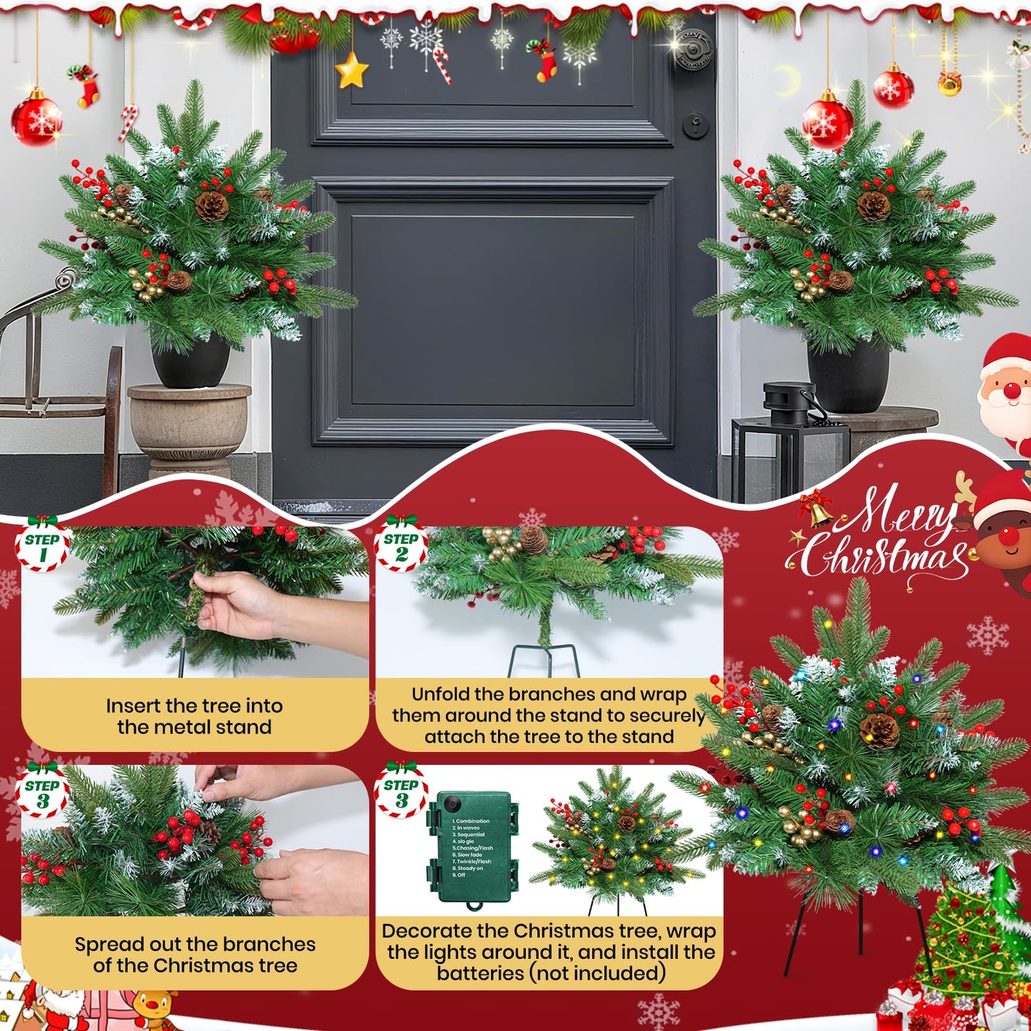 Set of 2 23.6 Inch Lighted Outdoor Christmas Tree Christmas Planter Filler with Remote, 8 Modes, Battery Operated Urn Filler Porch Decorations with Pine Cones, Red Berries for Pathway Yard Home Decor