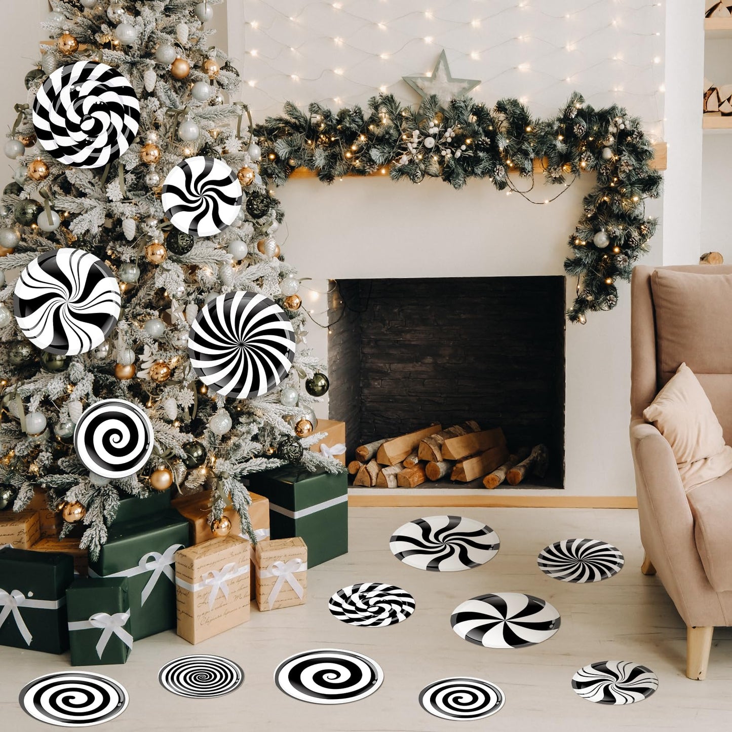 YooNotee 16 Pcs Large Peppermint Christmas Floor Decals Removable Pastel Candy Christmas Floor Stickers Xmas Wall Decals for Home Counters Party Decorations (Black and White,Classic)