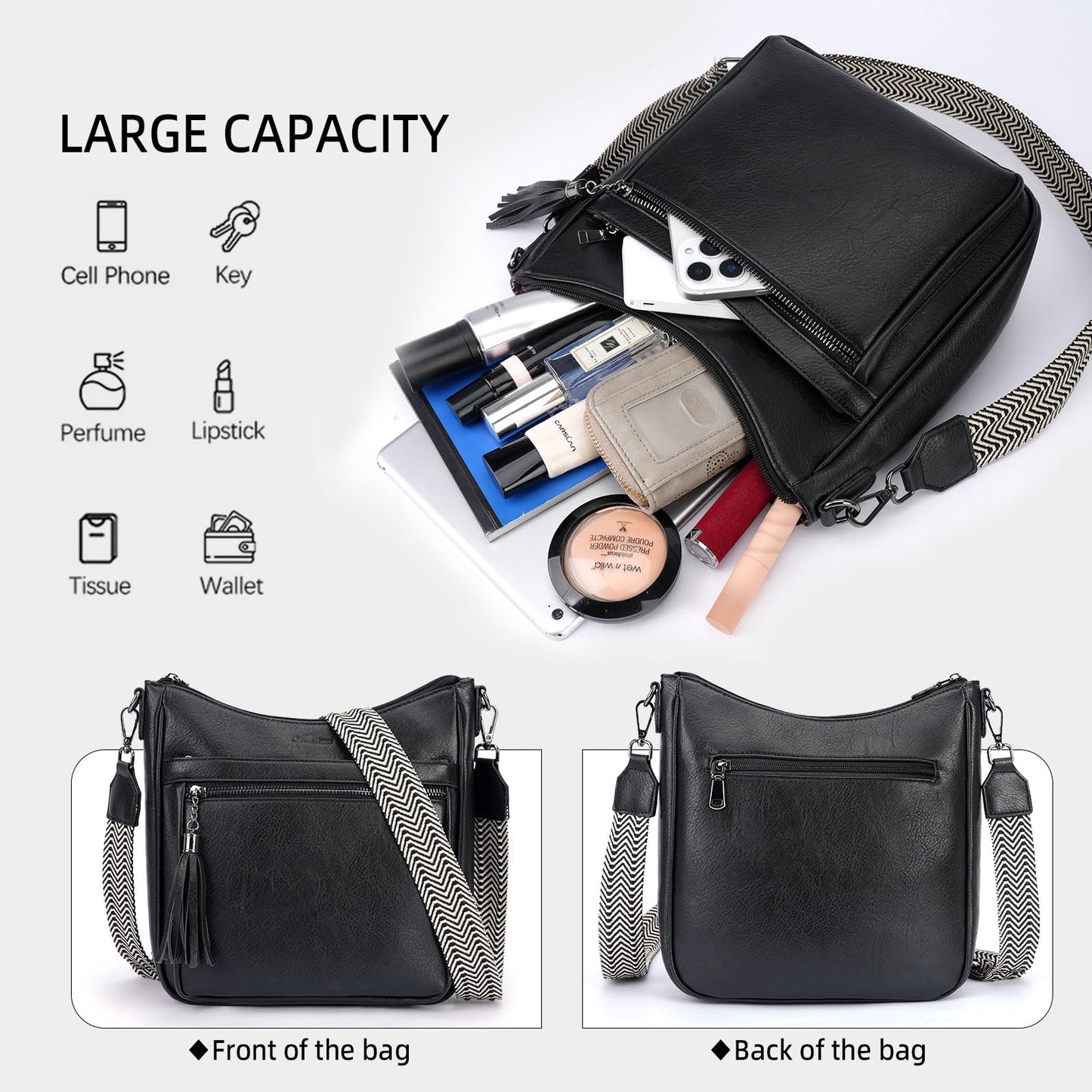 MEITRUE Crossbody Bags for Women Trendy,Vegan Leather Medium Hobo Purse with Tassel Lightweight Shoulder Handbags Multi Pockets Travel Purses Adjustable Strap Black