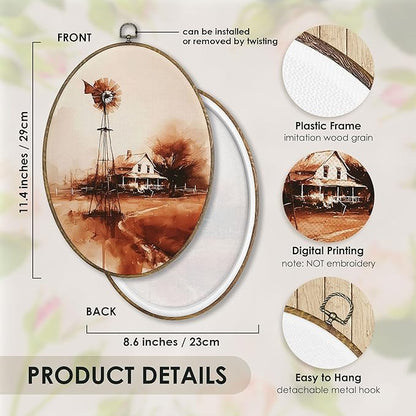 Fewgb Vintage Farmhouse Windmill Barn Oval Wall Art Decor Framed, Rustic Fall Country Canvas Wall Art Prints Picture, Cottagecore Hanging Room Decor Artwork for Kitchen Bedroom Bathroom Gallery 9x12