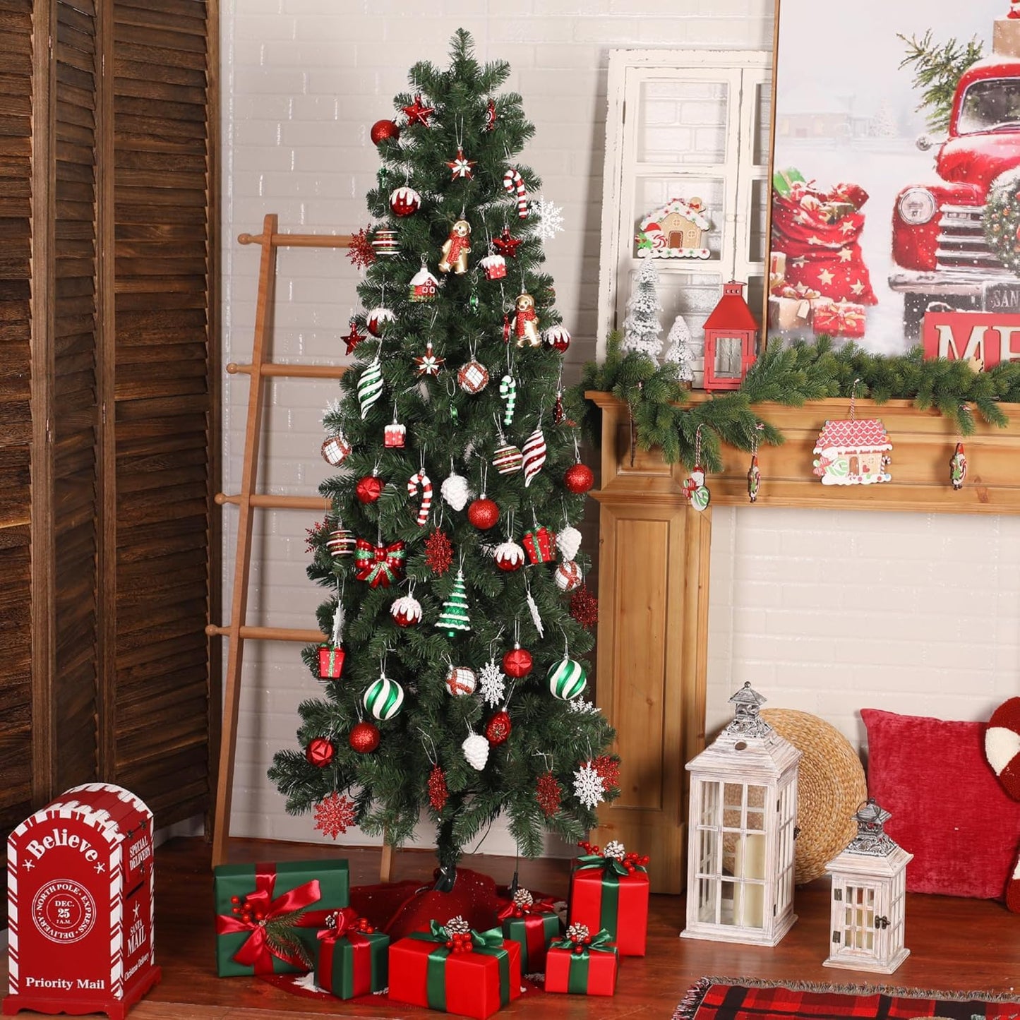 SHareconn 65pcs Christmas Tree Ornaments Set, Shatterproof Christmas Gingerbread Man Balls Bulk Gift Boxes, Hanging Plastic Decorative Baubles for Xmas Trees Decorations, Holiday Party, Red White
