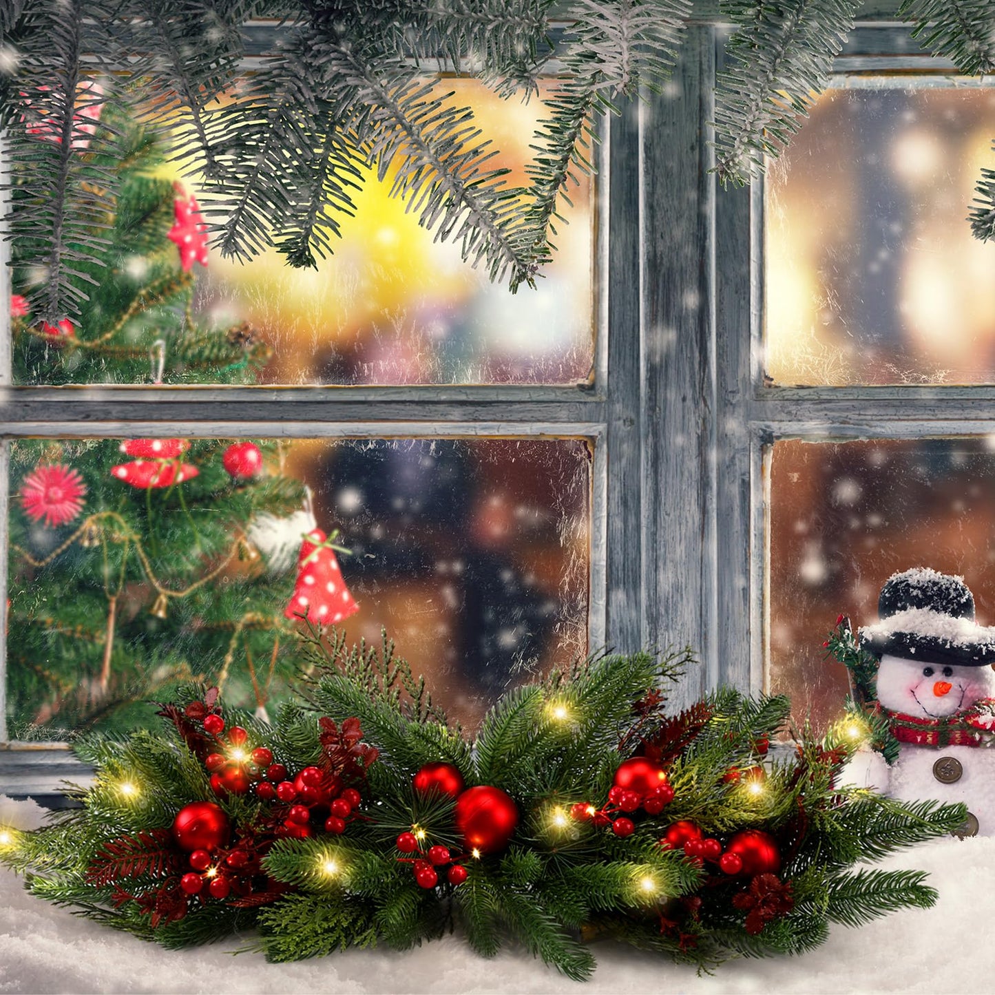 Yalikop 24.5 inch Christmas Swags with Light Artificial Pine Needles Swag Decoration Greenery Christmas Swag for Front Door Window Stair Fireplace Mantle Holiday Xmas Decor(Ball and Berry)