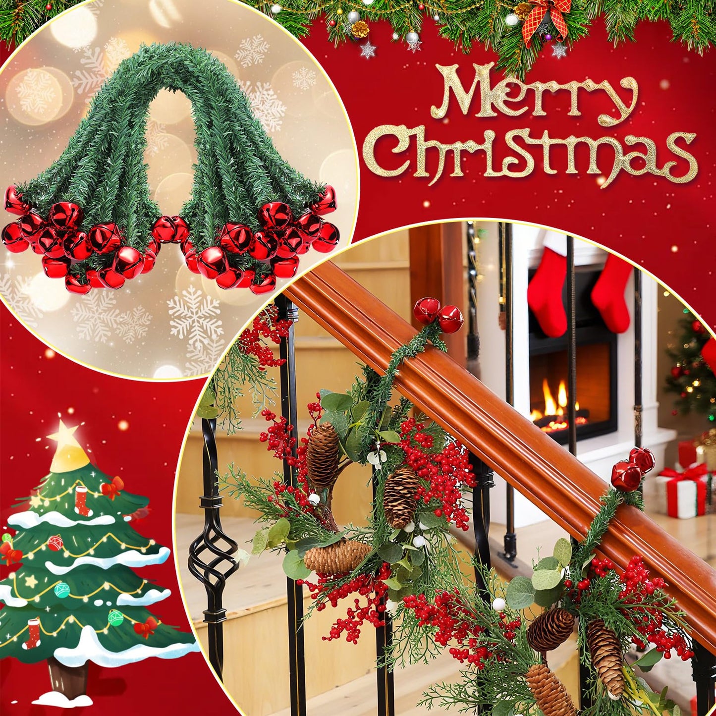 Motionchic 25 Pcs 20 Inches Christmas Garland Ties with Bells Decorative Twist Ties Garland Hanger for Banister Stairs Railing Reusable Flexible Twist for Xmas Holiday Decorations (Red)