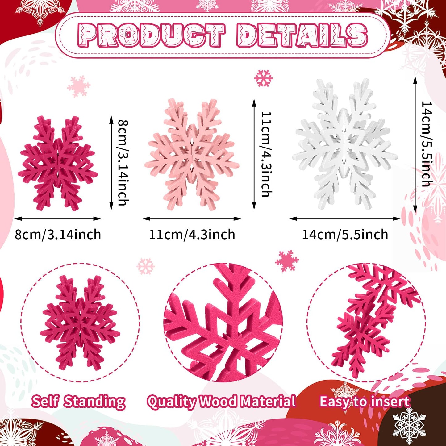 Bucherry 12 Pcs Wooden Snowflake Table Decor 3D Snowflake Tabletop Signs and Centerpiece for Frozen Party Christmas Xmas Winter Wonderland Decorations Home Office Mantel(White, Pink, Rose Red)
