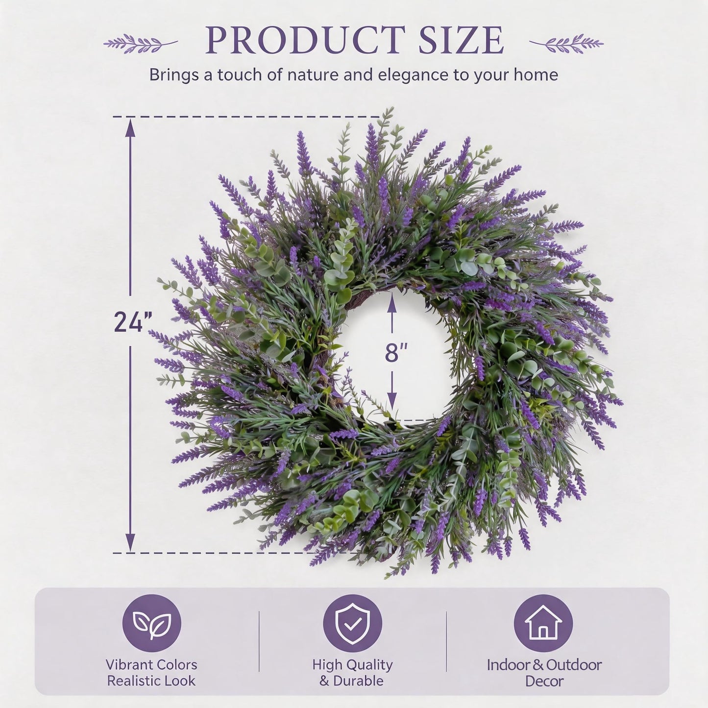 24'' Lavender & Eucalyptus Wreath for Front Door, Window - Artificial Eucalyptus Leaves Greenery Outdoor Wreath for Wedding Farmhouse Porch Wall Room Home Decor