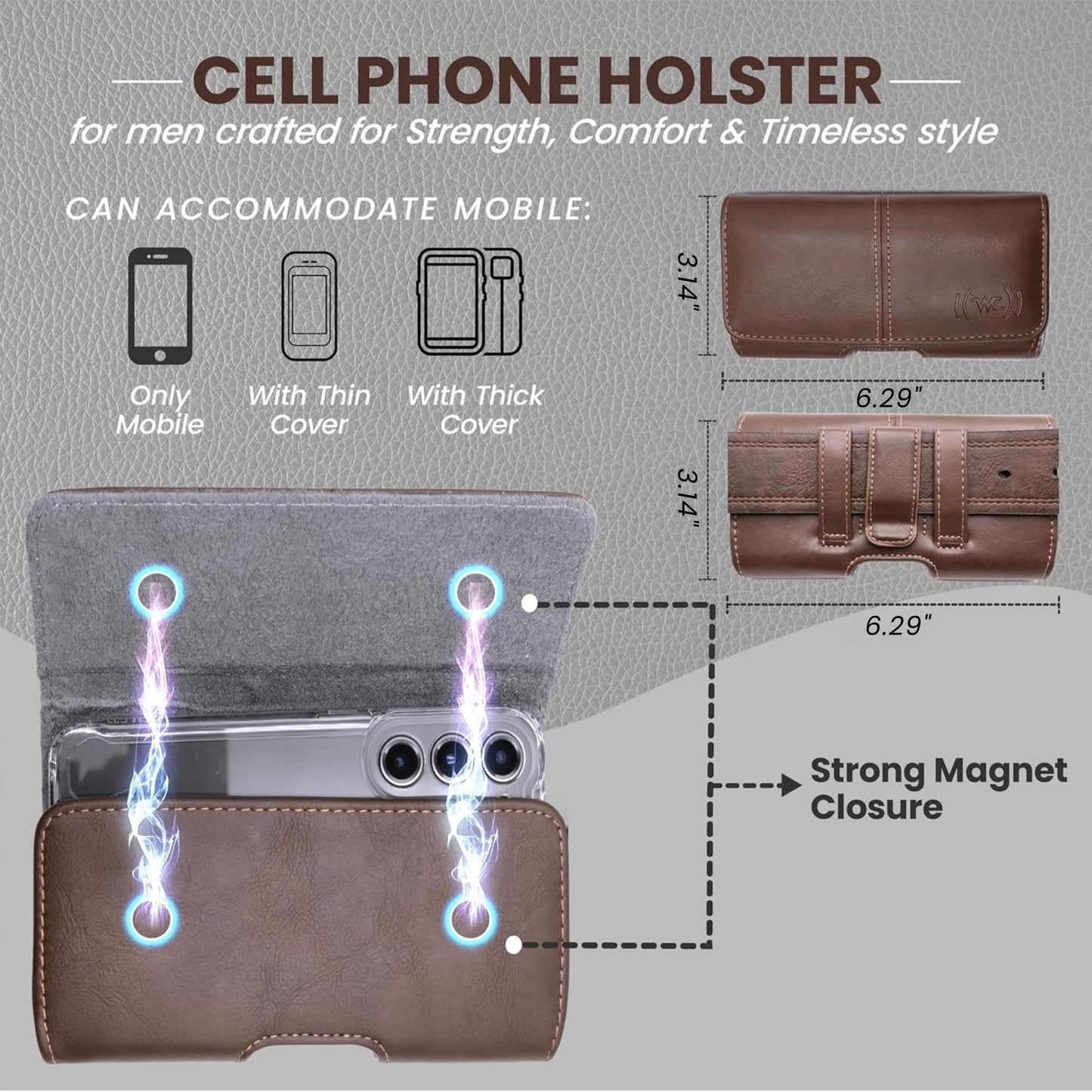 Wireless City Leather Phone Holster for iPhone 17/17 Pro 16/16 Pro/16e 15/15 Pro 14/14 Pro 13/13 Pro 12/12 Pro 11 XR Horizontal Belt Clip & Loop Phone Pouch Magnetic Closure Phone Holder for Men Brown