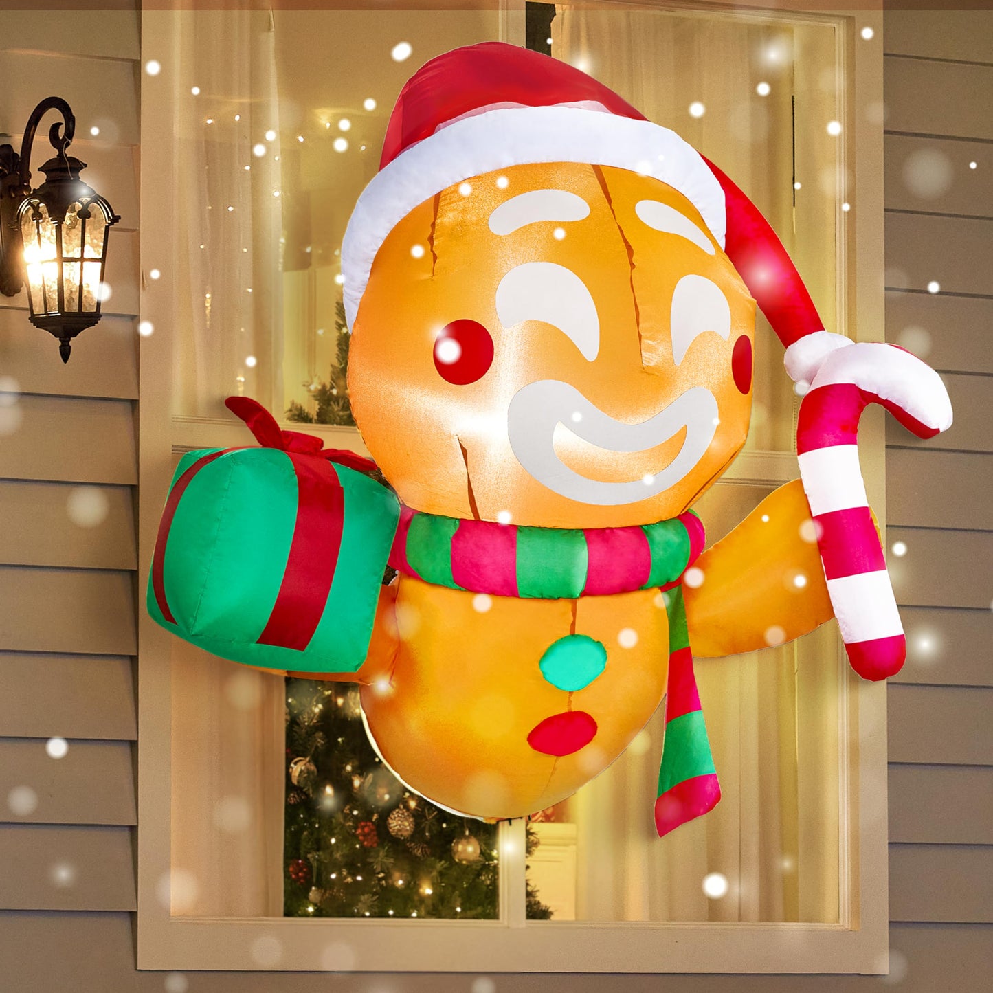 Joiedomi 3.5 FT Christmas Inflatable Gingerbread Man with Gift Box and Candy Cane Broke Out from Window, Blow Up Inflatable with Build-in LED for Window Decor, Xmas Party, Outdoor, Yard, Lawn Decor
