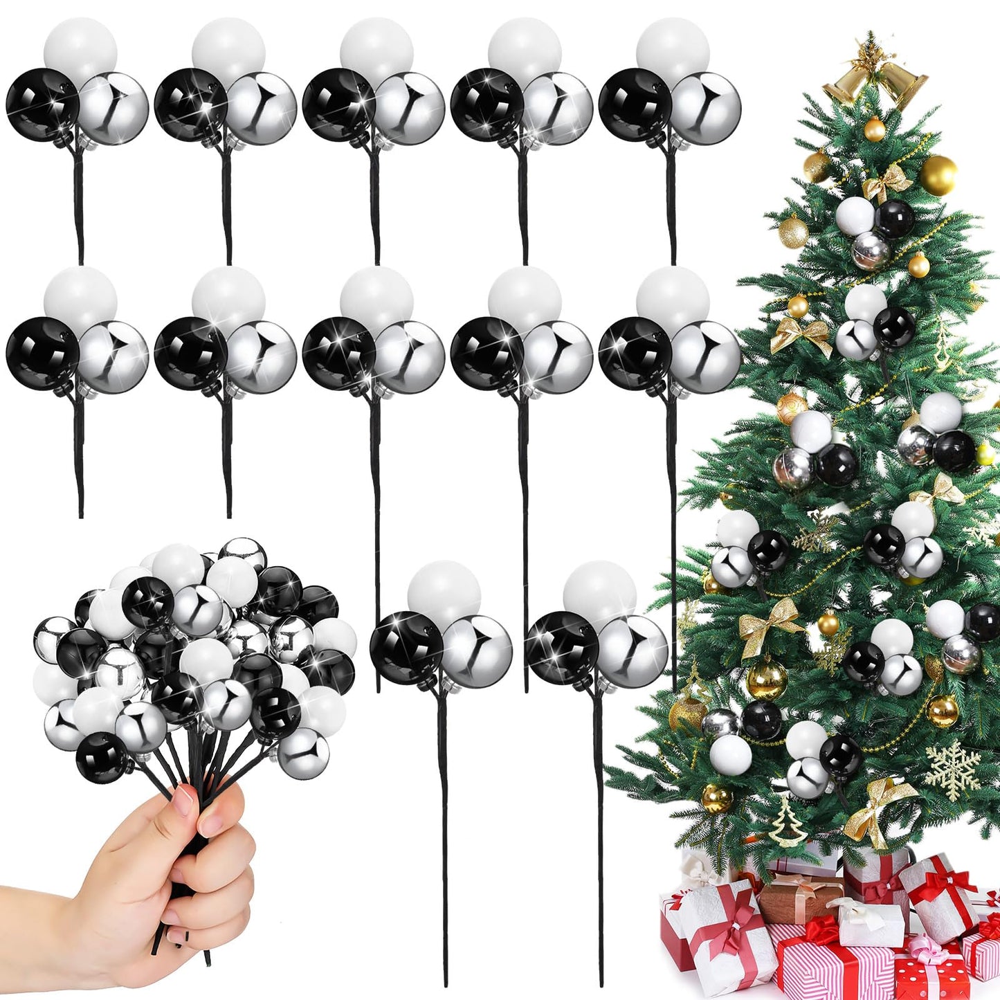 Syhood 12 Set 7.9 Inch Christmas Ball Ornaments on Wired Picks Shatterproof Xmas Ball Picks for Christmas Tree Vase Wreath Stairs Garland Decoration Supplies(Black,Silver,White,Plastic)