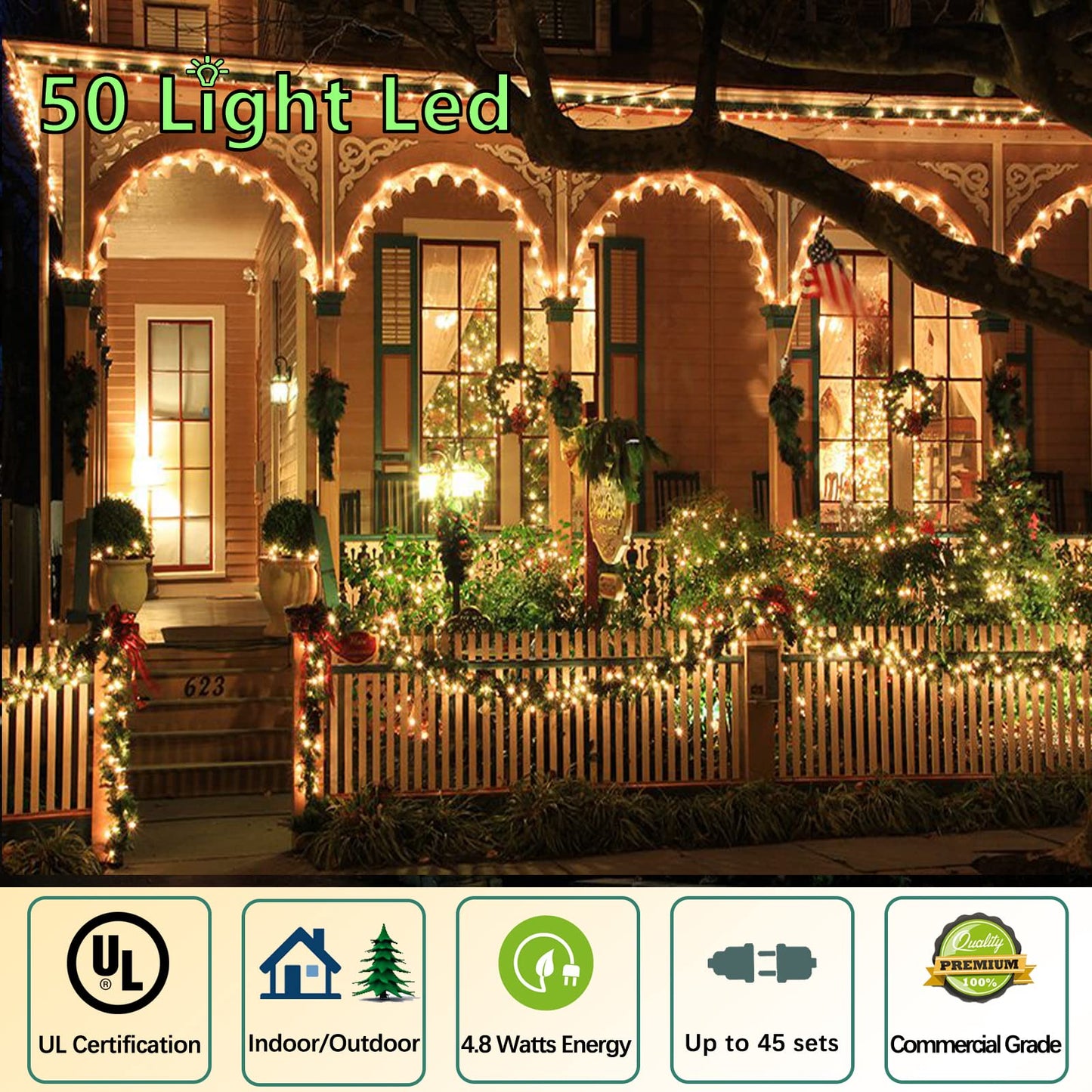Wominoy 25ft 50 Counts Warm White LED Christmas Lights - Commercial Grade Outdoor Waterproof, Green Wire, Xmas Tree Lights, IP:65, UL