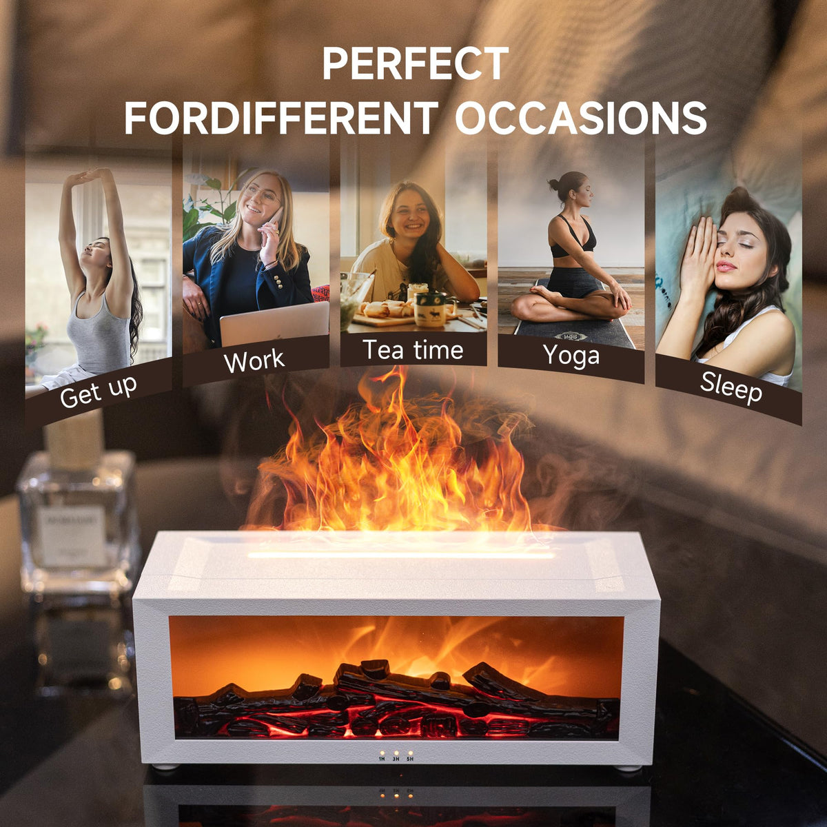 Fireplace Flame Air Diffuser Humidifier,7 Colors Aromatherapy Essential Oil Diffuser,Ultrasonic Aroma Humidifier with Timer for Home,Bedroom,Office,Yoga (BlackB, L)