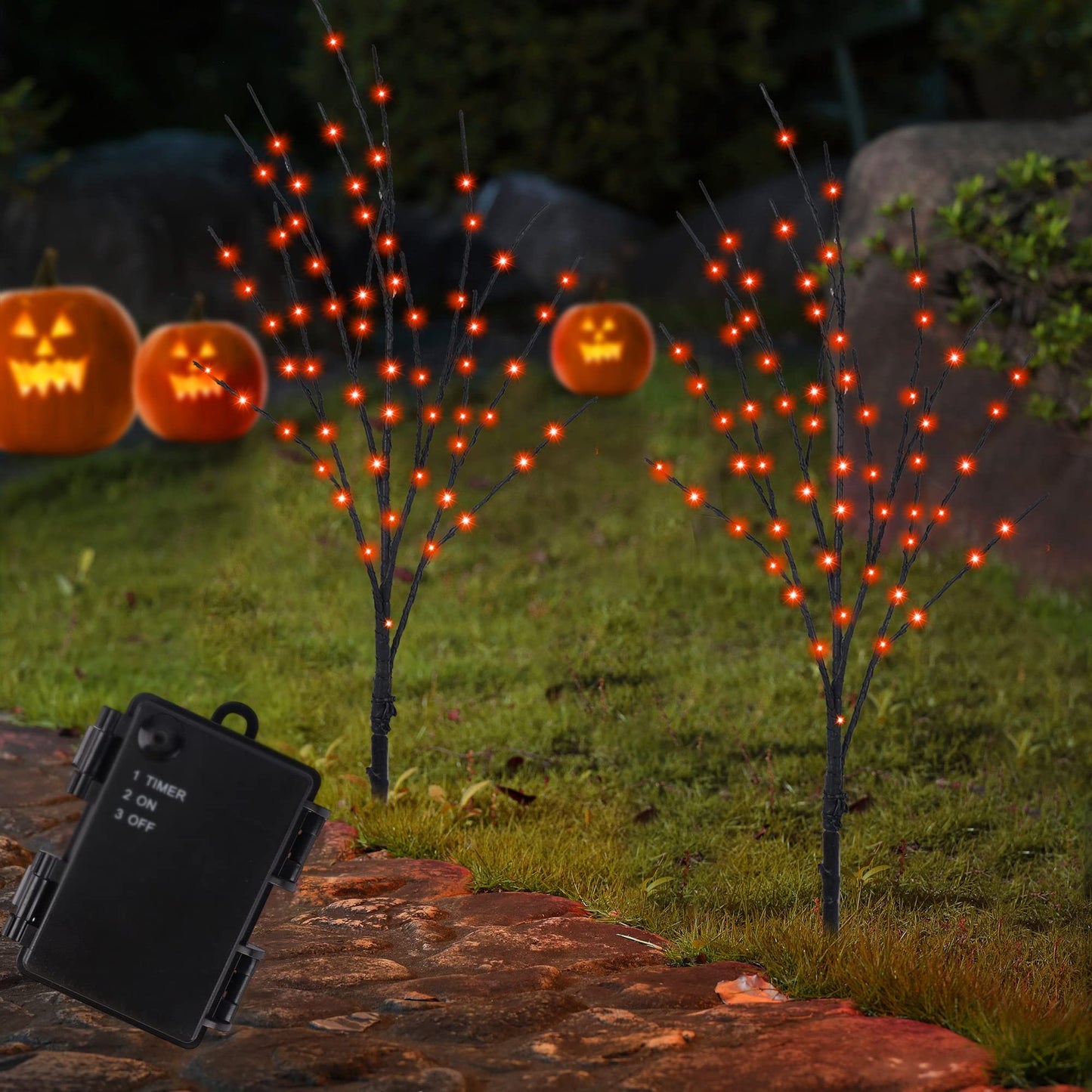 Lighted Halloween Tree Branches, 30IN 100LED Artificial Black Twig Branch with Orange Fairy Lights, Built-in Timer & Battery Operated, Waterproof for Indoor Outdoor Office Bedroom Party Decorations