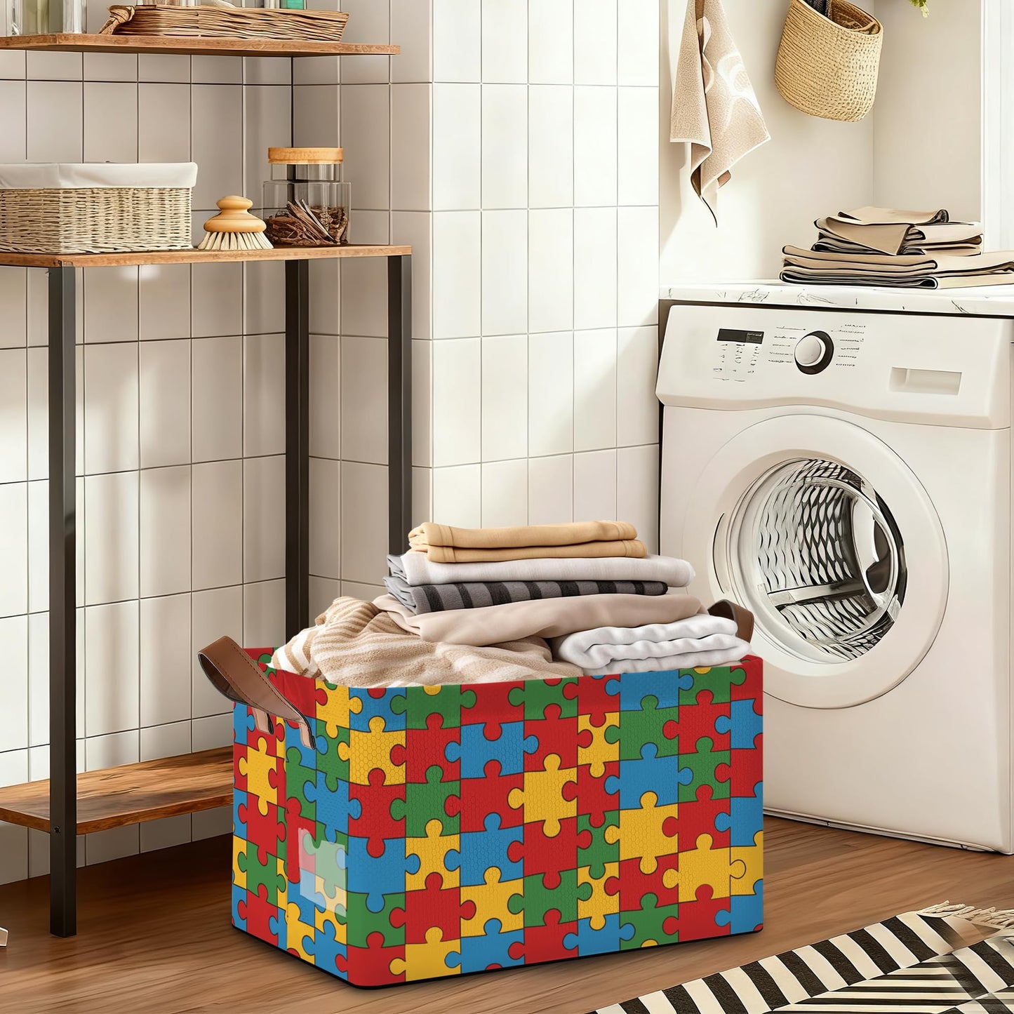 Oeaskly Storage Bins with Handles, Oxford Cloth Storage Basket with Sturdy Frame, Jigsaw Collapsible Organizer for Closet, Shelf, Clothes, Towels, Home Storage