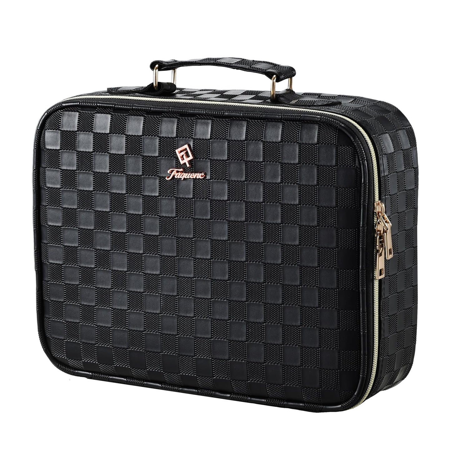 Faquenc Makeup Bag with LED Lighted Mirror 12.2 IN Travel Makeup Bag Adjustable Brightness in 3 Colors Cosmetic Organizer Artist Storage Bag with Dividers Brush Holder Bag Vanity Black Checkerboard
