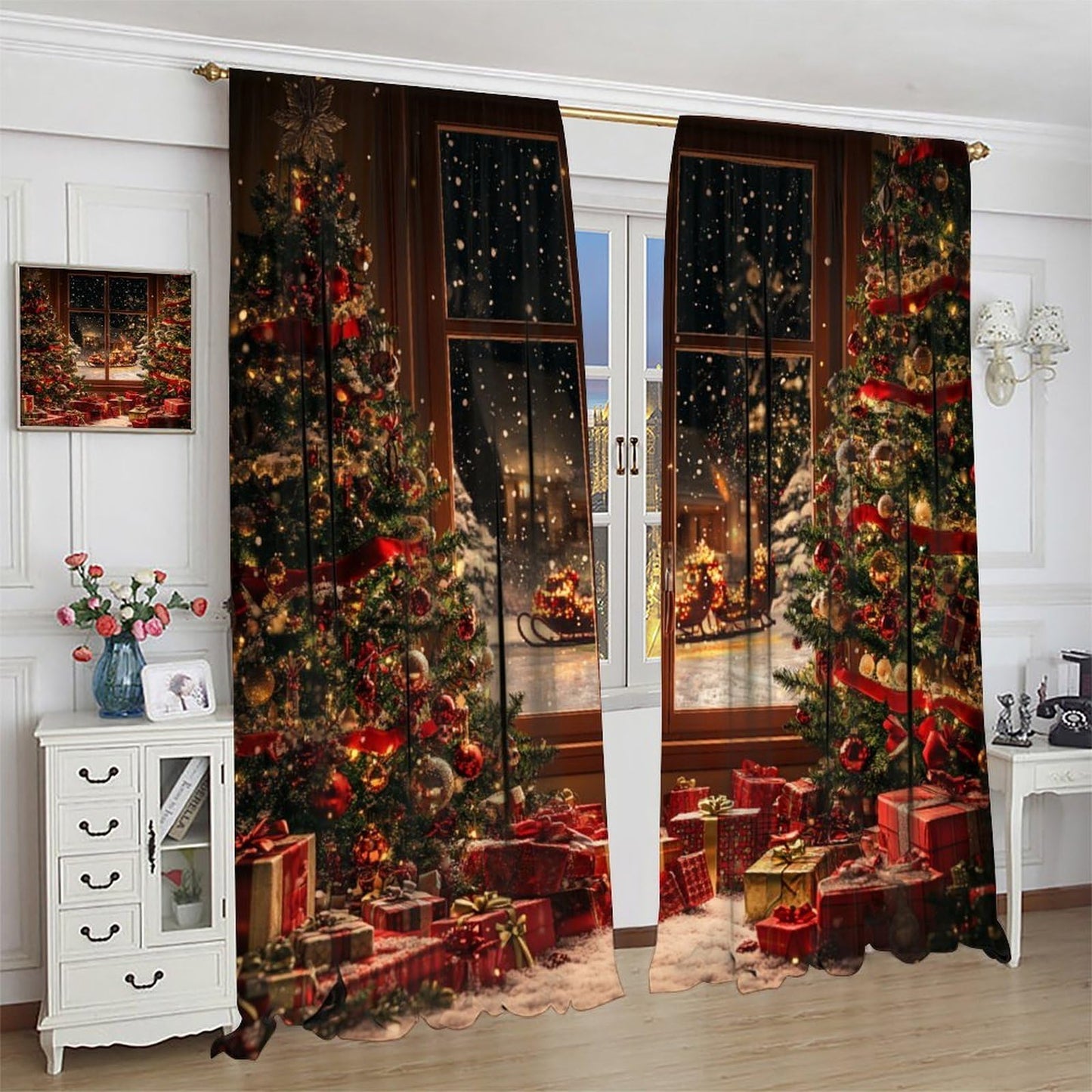 Merry Christmas Curtain Christmas Tree Gift Sled Winter Holidays Snowflake for Living Room Bedroom Decor Window Drapes 42" W X 45" L