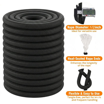 Double Braided Arborist Rope - 1/2 Inch x 200 Feet Polyester Rope - High Strength Climbing Rope for Tree Work, Swing, Halyard, Sailing(Black)