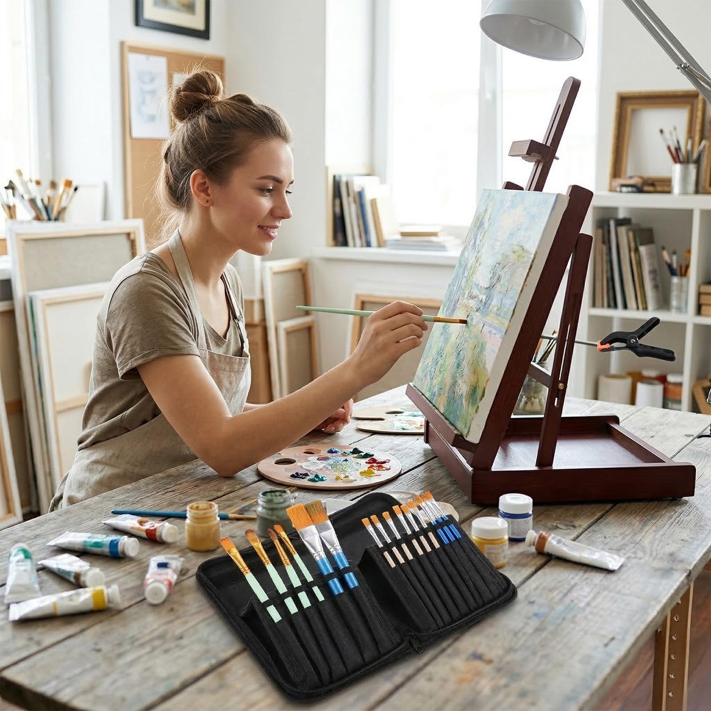 Skrfren Paint Brush Case, Paint Brush Holder with 15 Slots Canvas Brush Organizer with Pop-Up Stand Design Travel Watercolor Brushes Holder Zipper Closure for 11 Inch Art and Makeup Brushes Black