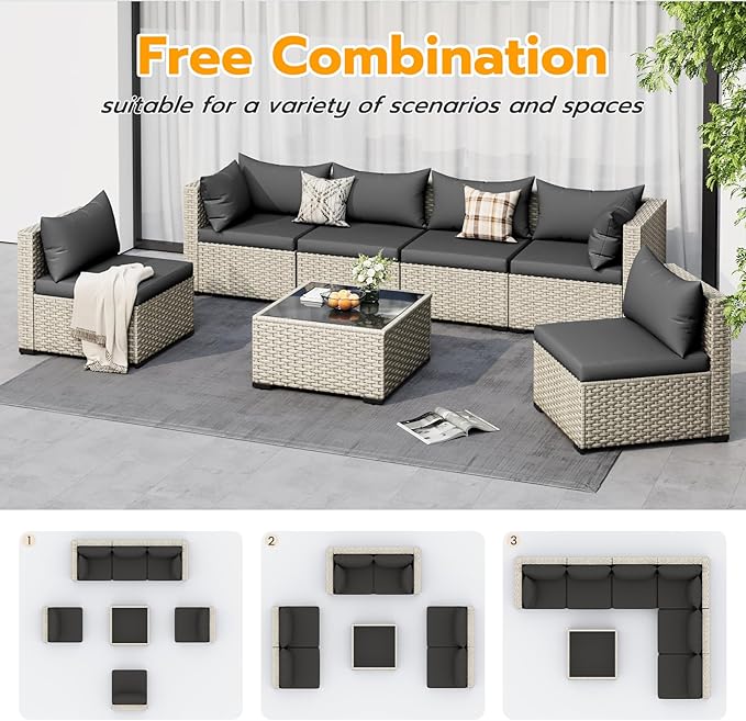UDPATIO Outdoor Patio Furniture Set, 7-Piece Modular Sectional Sofa with Tea Table, PE Wicker Outdoor Conversation Set for Patio, Garden, Backyard Black