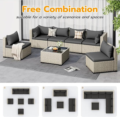 UDPATIO Outdoor Patio Furniture Set, 7-Piece Modular Sectional Sofa with Tea Table, PE Wicker Outdoor Conversation Set for Patio, Garden, Backyard Black