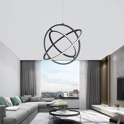 Modern LED Pendant Light Dimmable Creative Chendalier Adjustable Hanging Pendant Lighting Circle 3 Rings 6000K Cool Light Fixture for Dining Room Bedroom Kitchen Island Hall 80W (Black)