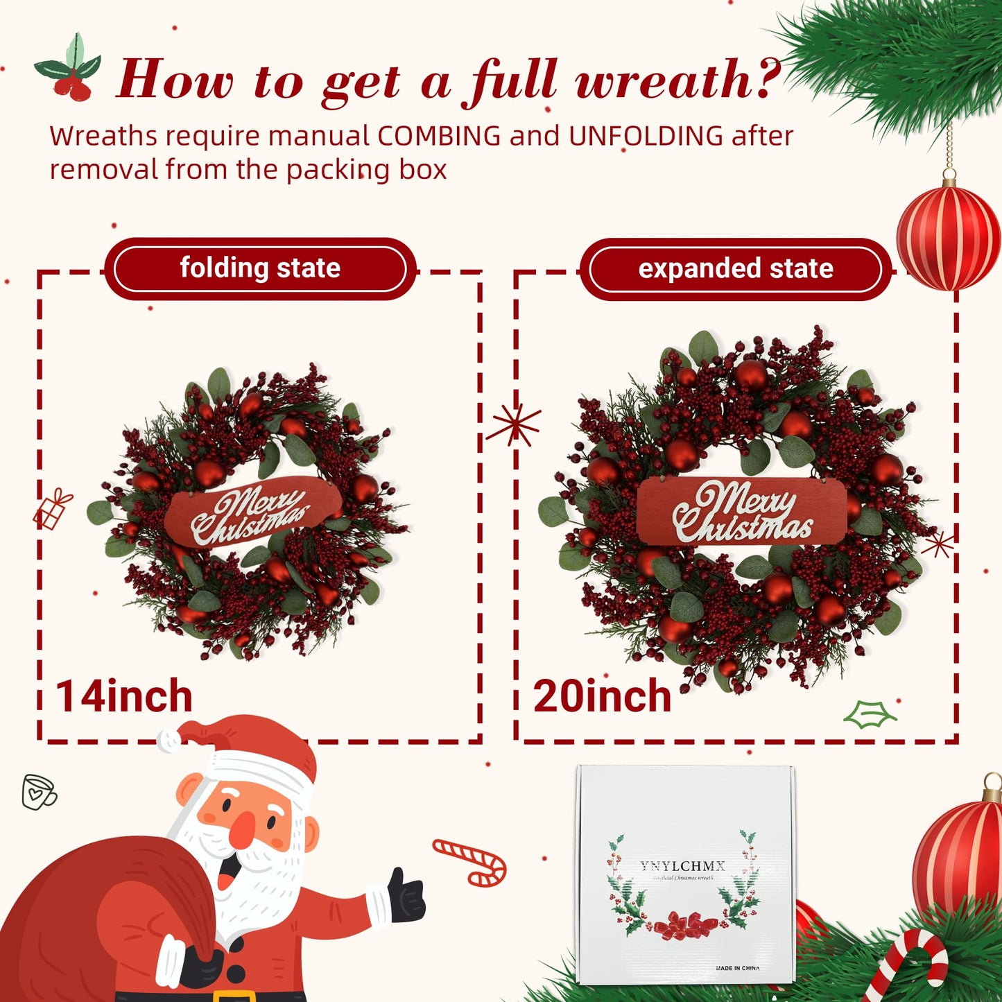 YNYLCHMX 20 Inch Christmas Wreath for Front Door, Winter Wreath with Welcome Sign Pine Needle Red Berry Ornaments, Artificial Door Xmas Wreaths for Window Fireplace Farmhouse Holiday Party Decoration