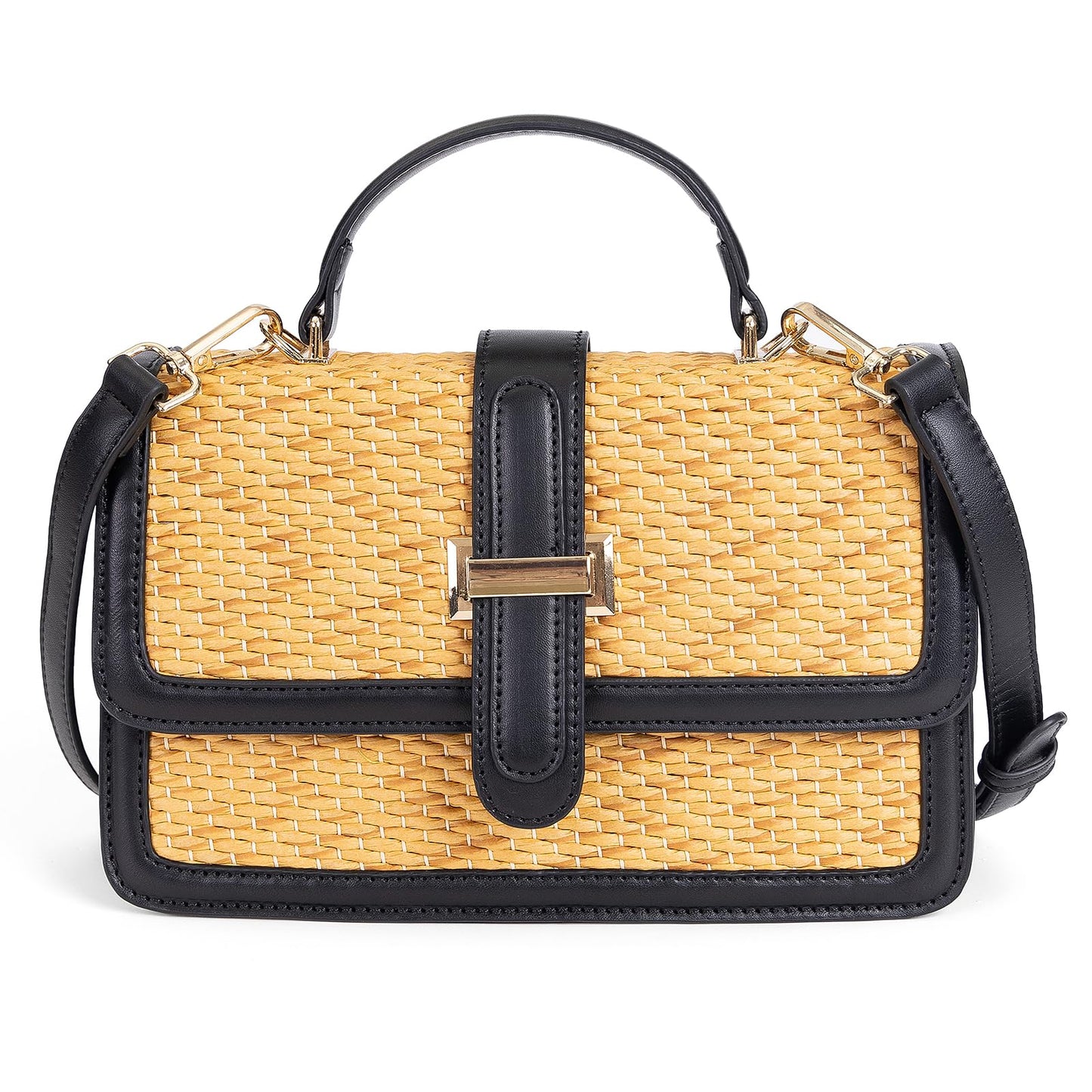 boshiho Women's Straw Crossbody Shoulder Bag Woven Raffia-Style Beach Purse Top Handle Satchel Handbag for Summer Vacation (Black)