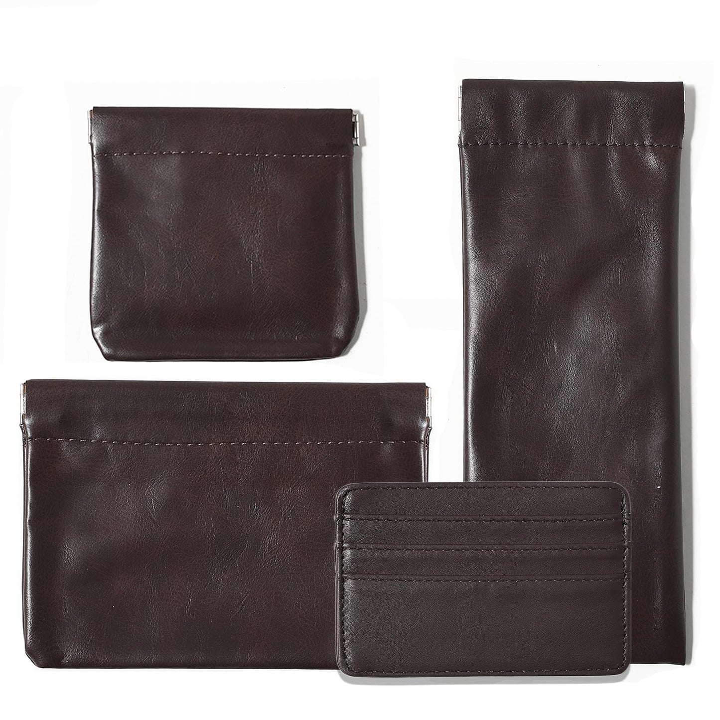 MOCICIGO 4PCS Snap Closure Organizer Pouch,Pu Leather Small Pouches for Purse Mini Cosmetic Bags for Travel Waterproof Makeup Women Purse Pouch Three Sizes Coin Purse Organizer Storage Pouch(Brown)