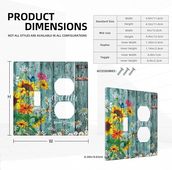 Decorative Light Switch Cover Plate Rustic Vintage Wood Planks Sunflower Butterfly 2 Gang Outlet Covers 1 Toggle 1 Duplex Wall Plate Decorate Electrical Switch Plate Covers for Bathroom Home Decor