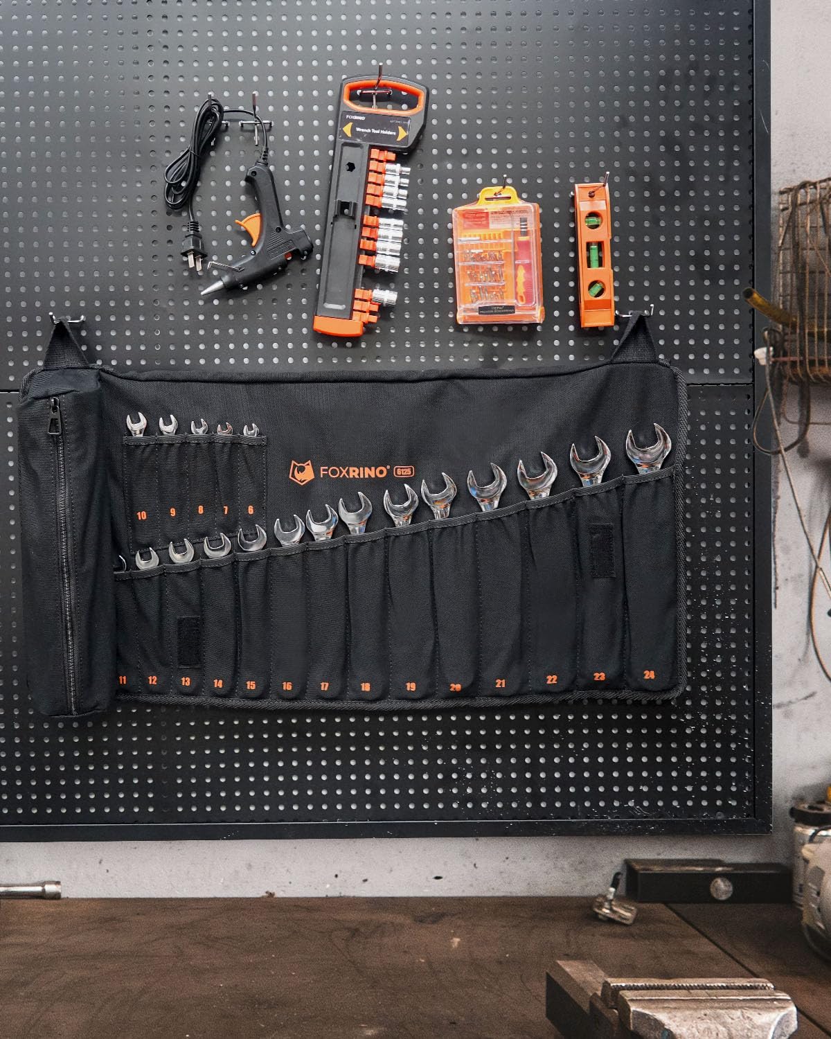 Foxrino Wrench Roll, Wrench Roll Up Pouch, 19-Pocket Heavy Duty Canvas Wrench Organizer Bag for Metric Combination Wrenches, Portable Tool Roll Bag, Gifts for Men for Fathers Day(Black, 19+1 Metric)
