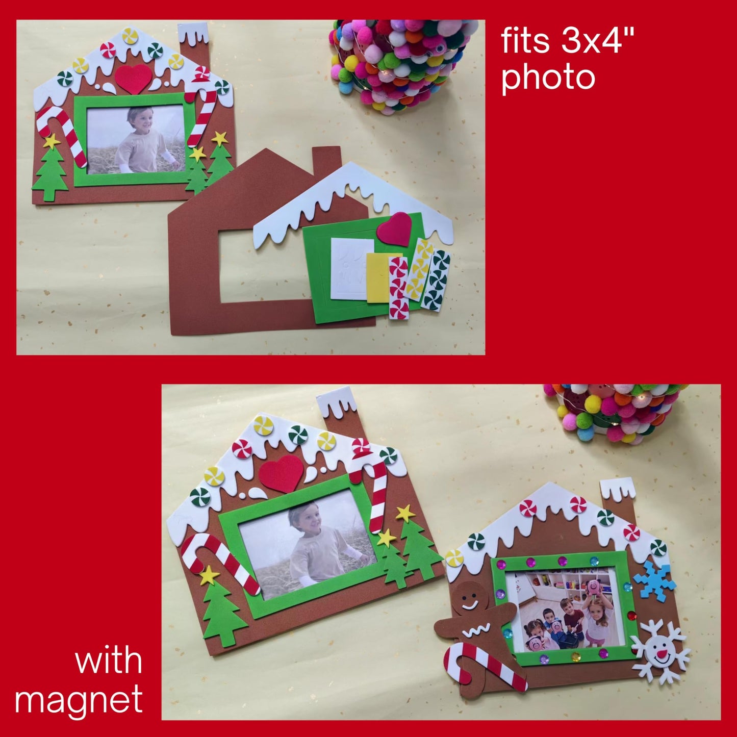 4E's Novelty Foam Gingerbread House Picture Frame Craft (4 Pack) – Self Adhesive Gingerbread House Kit, Christmas Photo Magnet Craft Kits for Kids,DIY Foam Christmas Frames for Kid