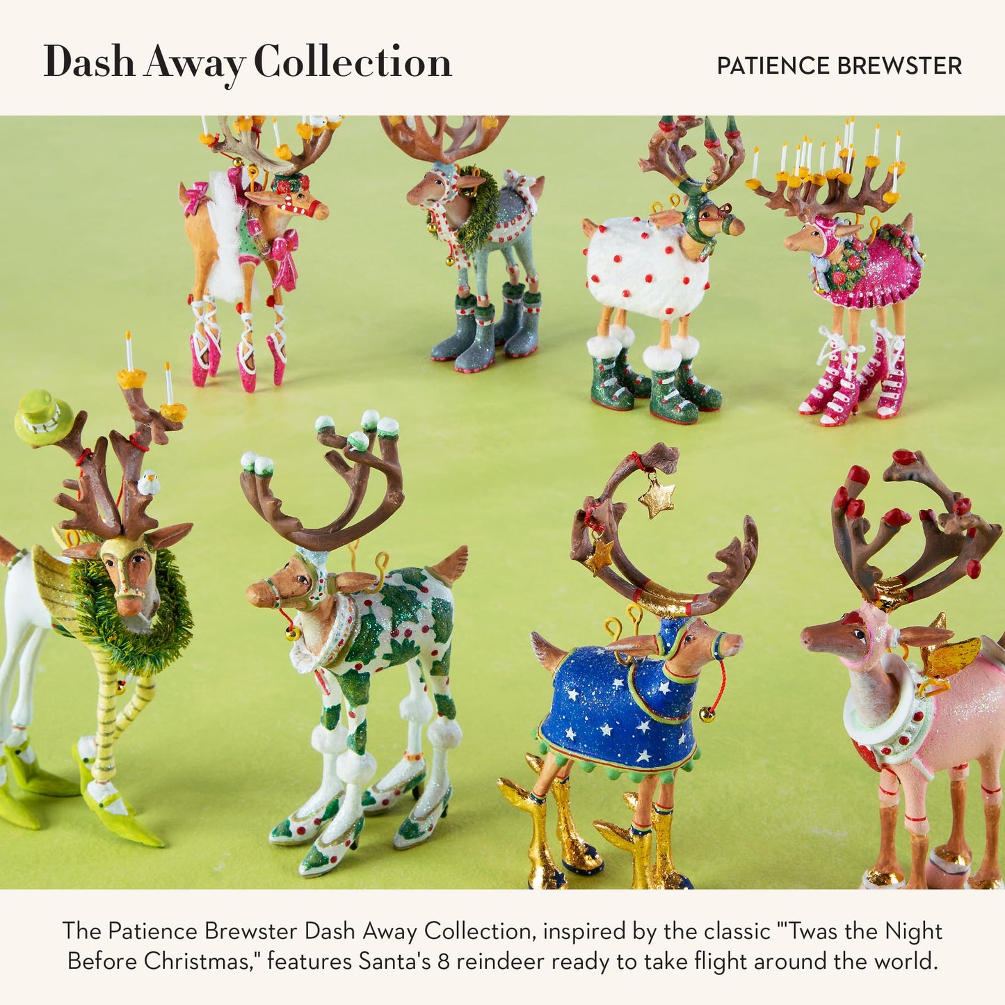 MACKENZIE-CHILDS Patience Brewster Dash Away Christmas Ornament, Indoor Christmas Decorations for the Christmas Tree, Mini Reindeer Set