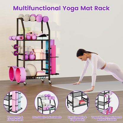 Homeiju Dumbbell Rack, 4 Tier Weight Rack for Home Gym, Yoga Mat Storage Holder with Lockable Wheels, Dumbbell Stand with Hooks, All in One Work out Equipment Storage for Yoga Mat Dumbbell and Balls