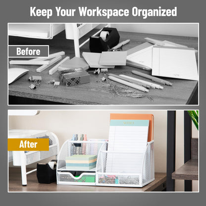 Mind Reader 7-Compartment Desktop Organizer, File & Accessory Storage, Metal Mesh Office Organizer for Desk, Workspace, Mail, White