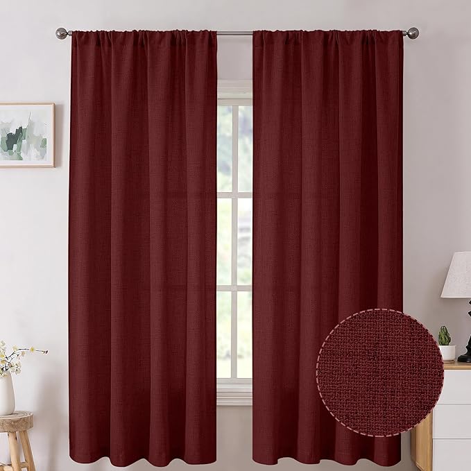 Tollpiz Linen Curtain Bedroom Rod Pocket Semi Sheer Curtains Burlap Light Filtering Thick Linen Drape for Living Room, 54 x 63 inches Long, Burgundy Red, Set of 2 Panels
