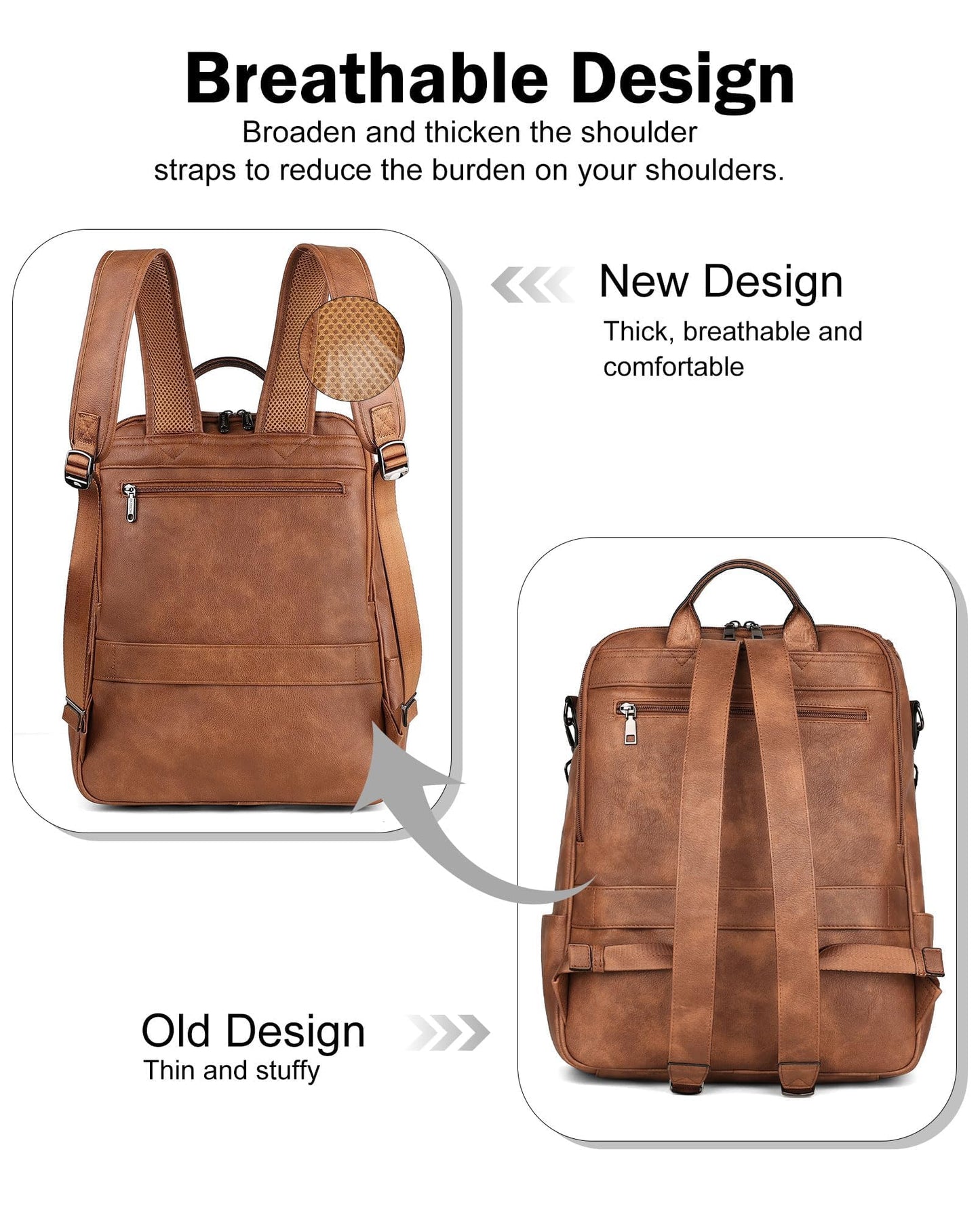FADEON Laptop Backpack for Women Leather Travel Backpack with Laptop Compartment, Designer Ladies Computer Backpacks Brown