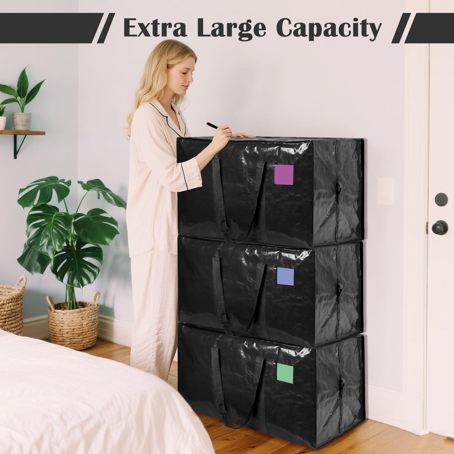 RMOHRO 6 Pack Moving Bags with Full-Open Side Zipper, Extra Large 93L Heavy Duty Waterproof Foldable Storage Totes for College Dorm, Moving & Home Organization Black