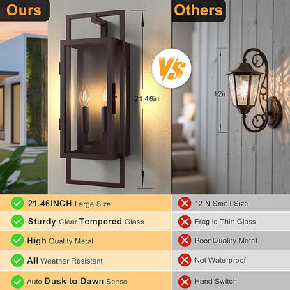 𝟐𝟏.𝟒𝟔𝐈𝐍 Oil Rubbed Bronze Outdoor Wall Sconce, Large Exterior Lighting Fixtures 2-Light, Waterproof Dusk to Dawn Outdoor Wall Light, Modern Outside Sconce Lights for Porch Garage