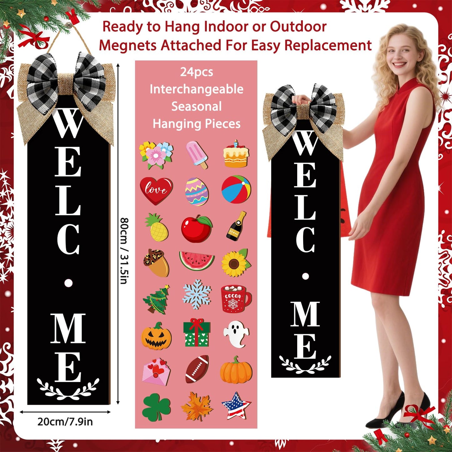 Sintuff Holiday Interchangeable Welcome Sign for Front Door Wood Porch Sign with 24 Pcs Seasonal Icons Home Farmhouse Holiday Welcome Outdoor Festival Seasonal Decoration(Black,Large)