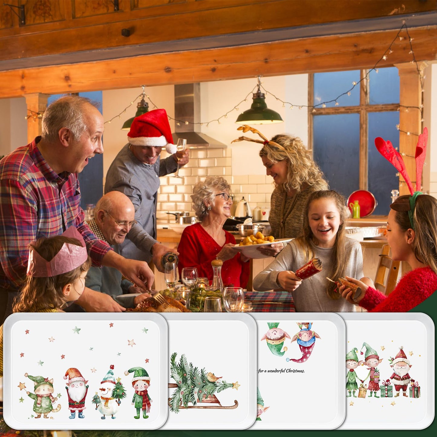 VIYNRAN 4-Piece 15 x 11 Inch Christmas Serving Tray Set, Reusable Melamine Platters with Cute Elf Cartoons, Holiday Party Trays for Snacks, Fruit, Desserts, and Candy, Rectangular Design