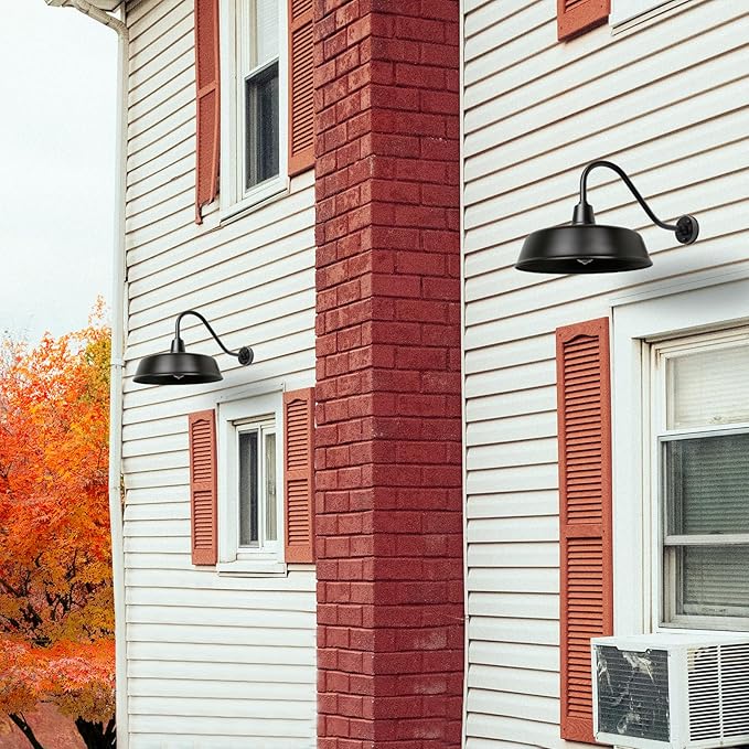 Gooseneck Barn-Lights Outdoor Fixture - 15 inch Farm Style Black Large Lighting Farmhouse Exterior Sconce Wall Light for House, Dusk to Dawn Sensor Front Door Porch Garage (15 inch)