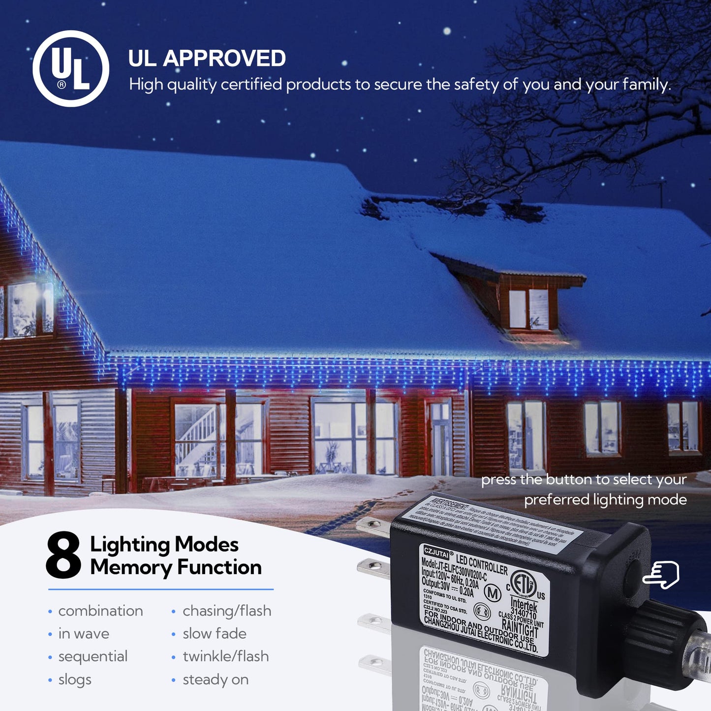 Hopolon 33FT 360L LED Christmas Icicle Lights Outdoor Waterproof,8 Modes Plug in Curtain String Lights with 60 Drops for Wedding,Party, Bedroom, Home, Garden, Wall Decorations(Blue White)