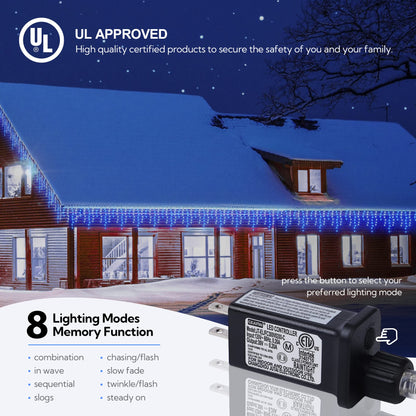 Hopolon 33FT 360L LED Christmas Icicle Lights Outdoor Waterproof,8 Modes Plug in Curtain String Lights with 60 Drops for Wedding,Party, Bedroom, Home, Garden, Wall Decorations(Blue White)