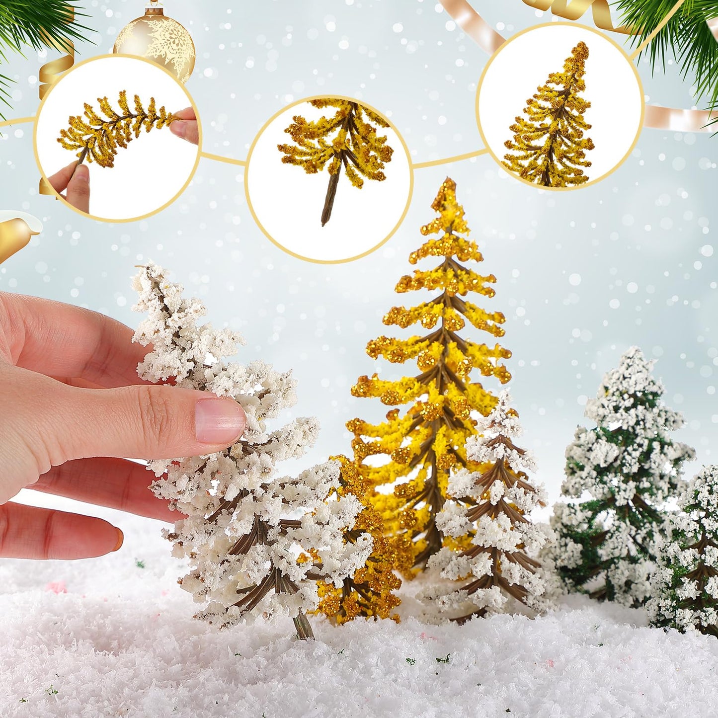 Skylety 35 Pieces Model Trees 6.3-1.2 Inch Mixed Miniature Trees Diorama Supplies Fake Plants Train Scenery Landscape Christmas Village Architecture DIY Crafts(Dark Green, Gold, White,Snowy Cedar)