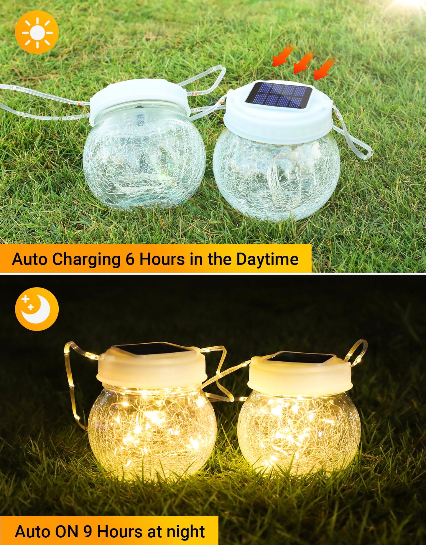 Solar Lantern Solar Lights Outdoor Waterproof 6-Pack, Solar Powered Hanging Lights Cracked Glass Hanging Globes for Christmas Decoration, Shepherd Hook, Garden Tree Ornaments, White Cap, Warm White