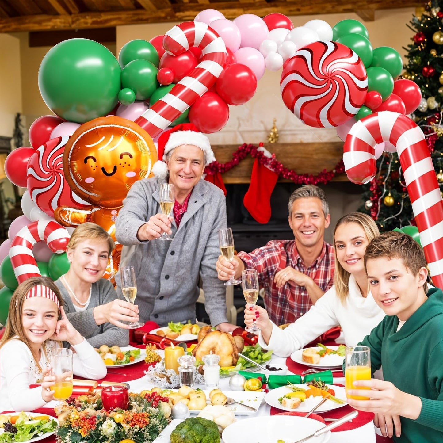 Christmas Balloon Arch Kit, Gingerbread Man Balloon Garland with Green Pink Red Balloons Candy Cane Foil balloons for Christmas Party Decorations New Year Xmas Party Supplies