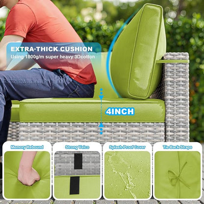 18-Piece Patio Furniture Set, Outdoor Patio Furniture with 55,000 BTU Fire Pit Table, Swivel Chairs Set, Thick Cushions, Modular Patio Sofa, Dual-Strand Wicker Rattan, Rust-Resistant Frame,Grass Green