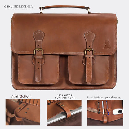 Leather Messenger Bag For Men - leather laptop bag briefcase for women - Mens Satchel Bag, 18 Inch Brown Genuine Buffalo Leather Computer Bag For Work